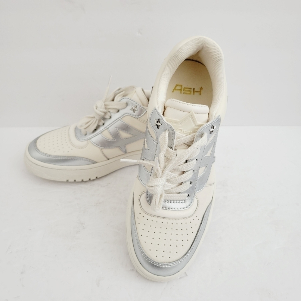 Ash Women's Blake White Silver Leather Sneakers , Size 6